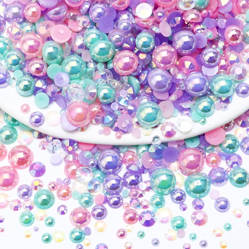 Towenm 60g Mix Pearls and Half Pearls for Crafts, Tumblers, Shoes, Face Nail Art, 2mm-10mm Mix Pearl Rhinestones for Bedazzling, Pink|Purple|Aquamarine - Image 1